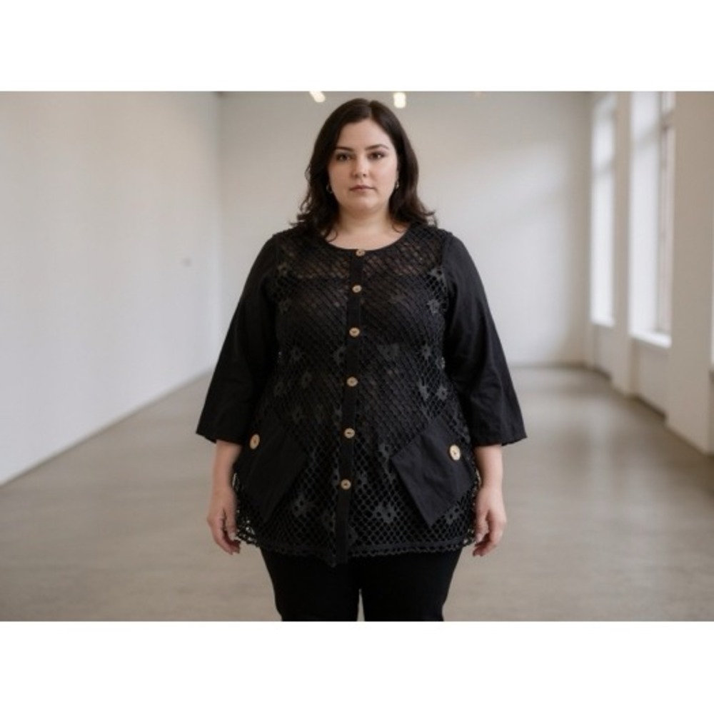 Onque Casual Black Mesh Overlay Button Front Tunic Top Plus Size 1X